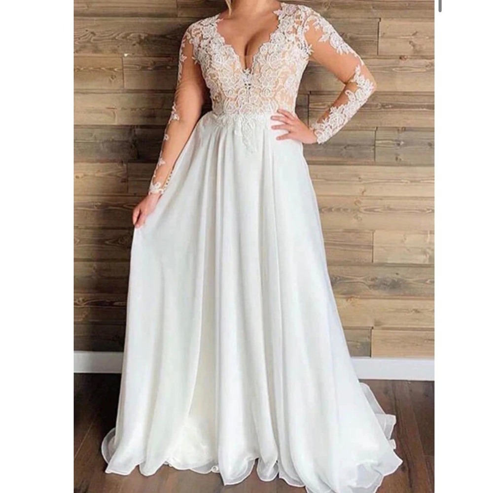 June Bridals MW796 Ivory Chiffon A-line Lace Long Sleeve Wedding Dress Size 16